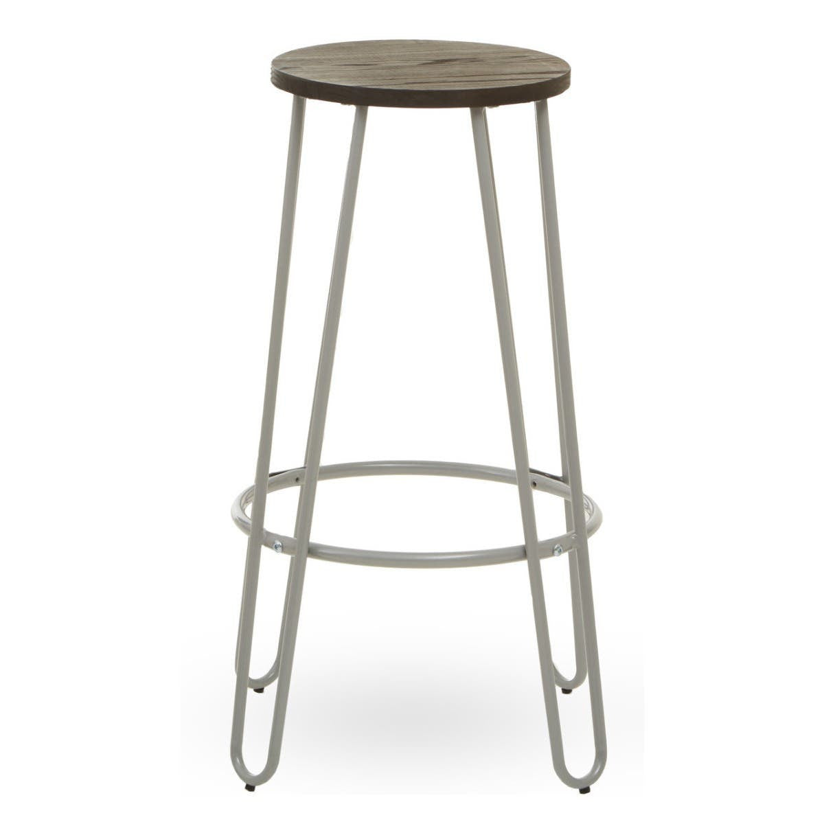 Bar stool featuring a round wooden seat with a grey finish, supported by a sleek metal frame in a light grey color. The design includes four slender legs and a circular footrest for added comfort