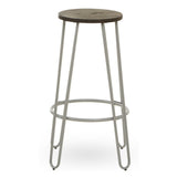 Bar stool featuring a round wooden seat with a grey finish, supported by a sleek metal frame in a light grey color. The design includes four slender legs and a circular footrest for added comfort