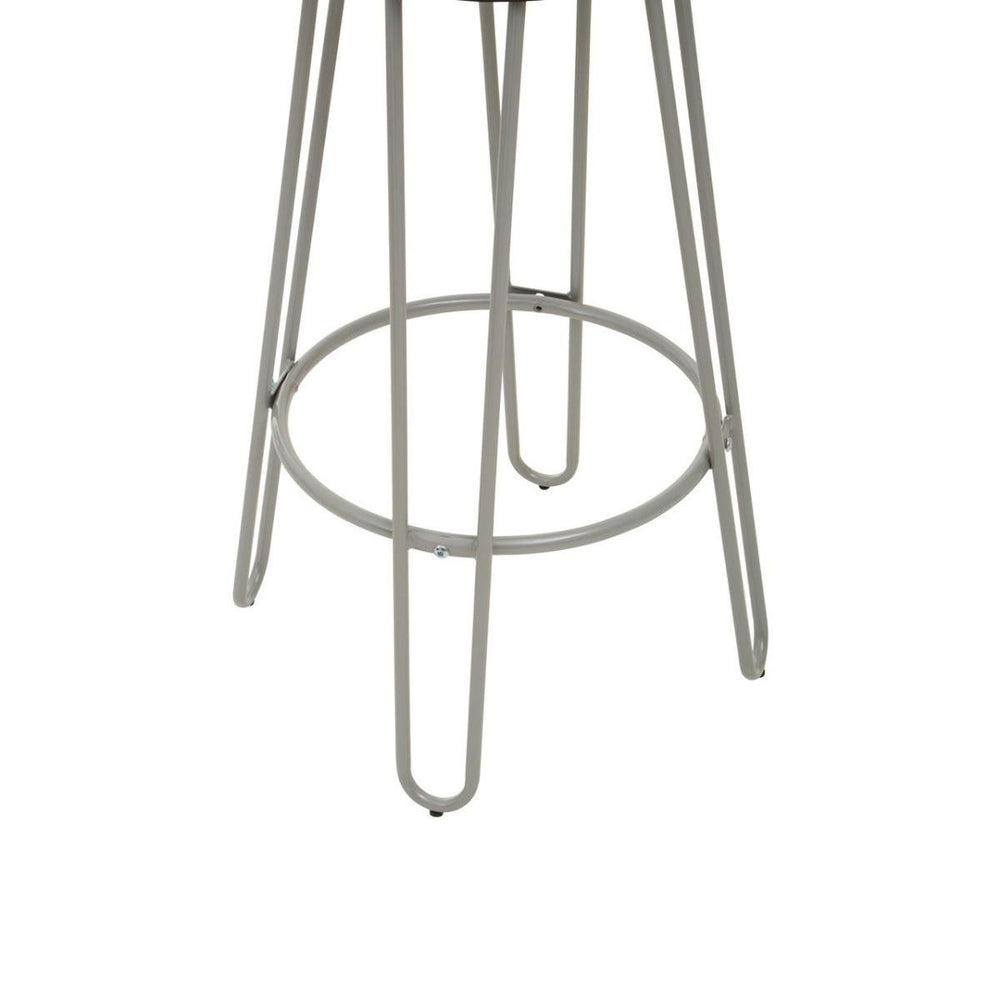 Grey metal frame bar stool with a sleek design, featuring four slender legs and a circular footrest for added support. The finish has a modern, industrial look, suitable for various home decor styles