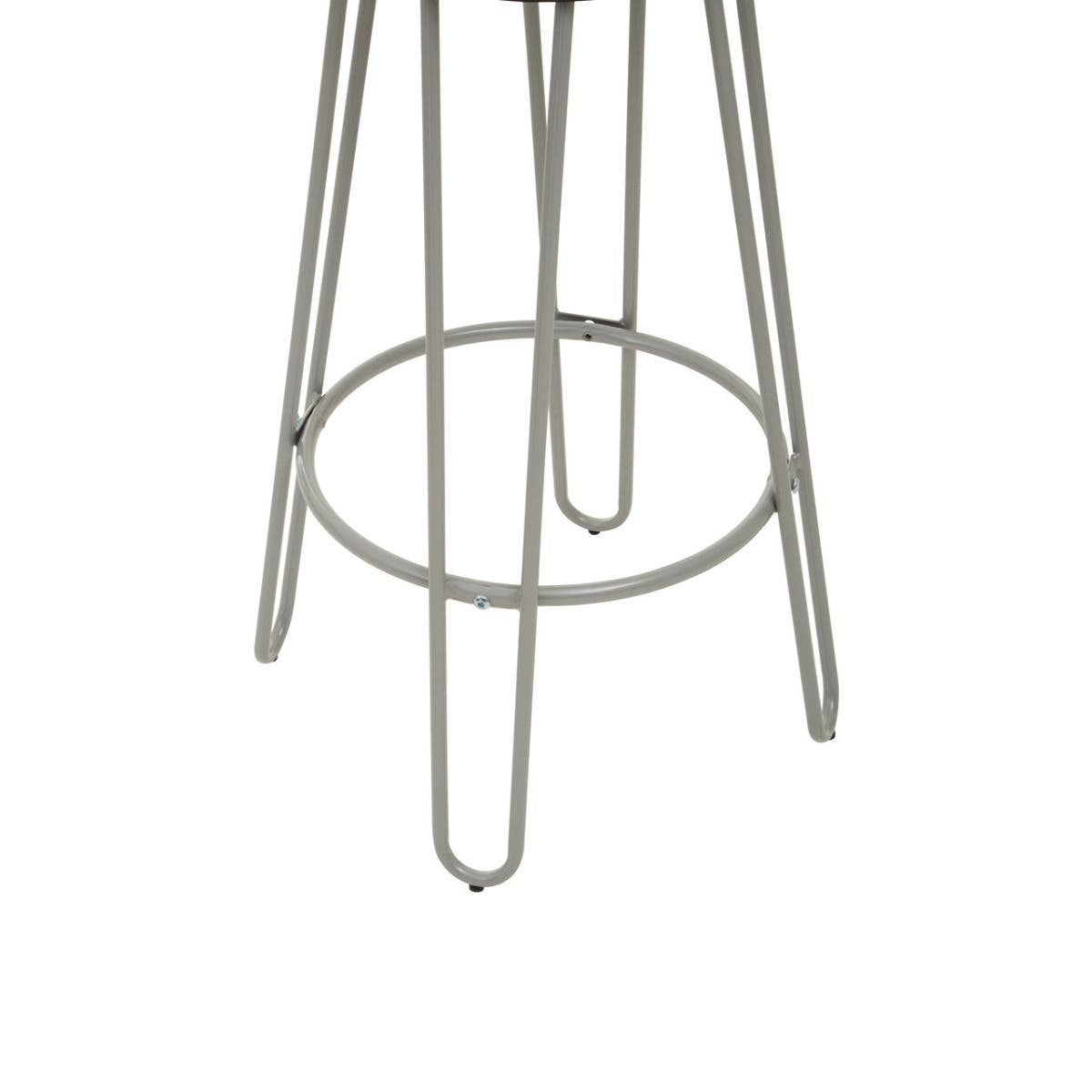 Grey metal frame bar stool with a sleek design, featuring four slender legs and a circular footrest for added support. The finish has a modern, industrial look, suitable for various home decor styles