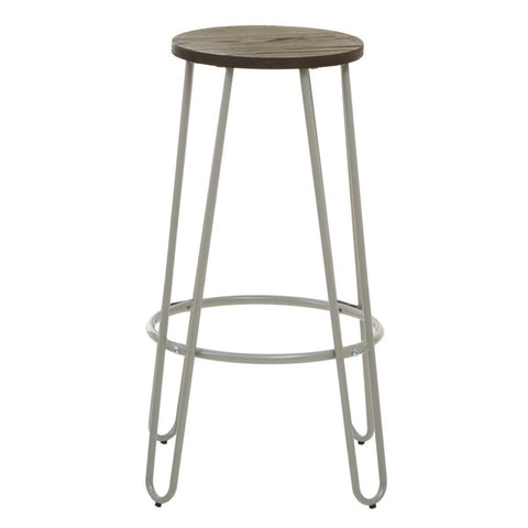 Bar stool featuring a round wooden seat with a natural finish, supported by a sleek grey metal frame with four slender legs and a circular footrest
