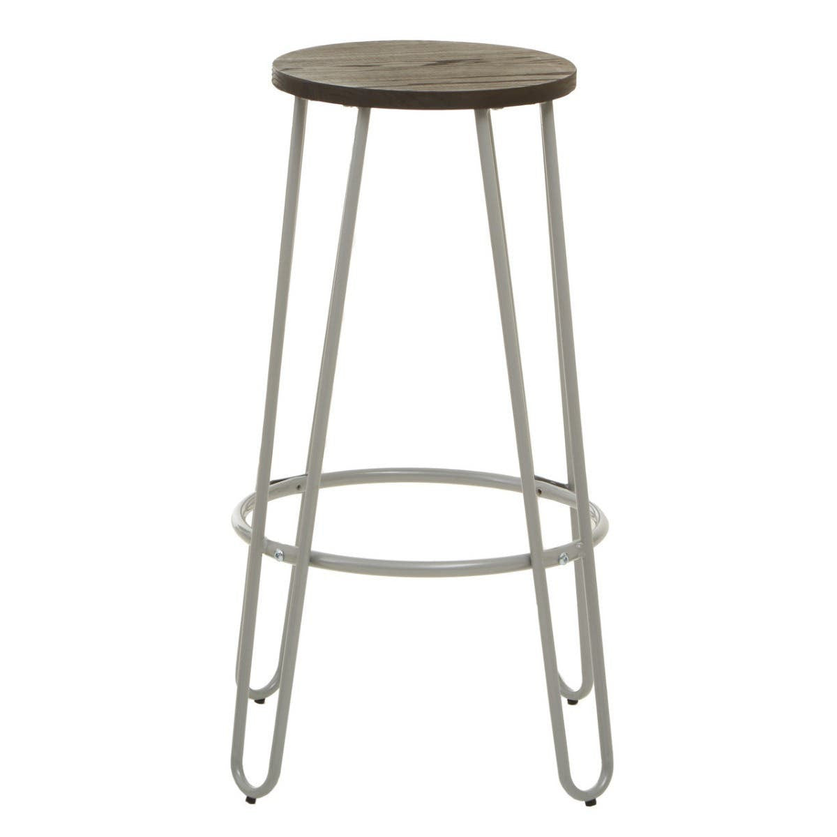 Bar stool featuring a round wooden seat with a natural finish, supported by a sleek grey metal frame with four slender legs and a circular footrest