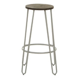 Bar stool featuring a round wooden seat with a natural finish, supported by a sleek grey metal frame with four slender legs and a circular footrest