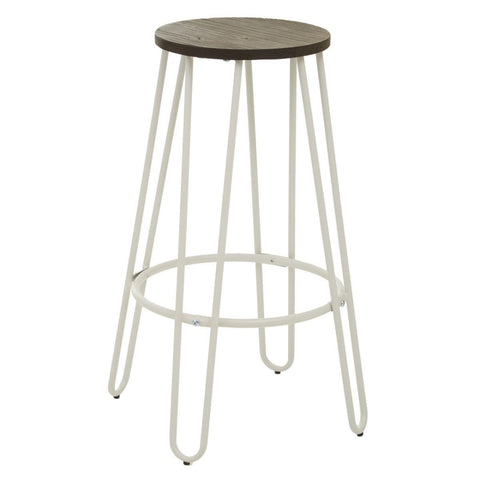 White metal frame bar stool with a round wooden seat, featuring slender legs and a circular footrest. The design is modern and minimalist, suitable for various home decor styles