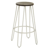White metal frame bar stool with a round wooden seat, featuring slender legs and a circular footrest. The design is modern and minimalist, suitable for various home decor styles
