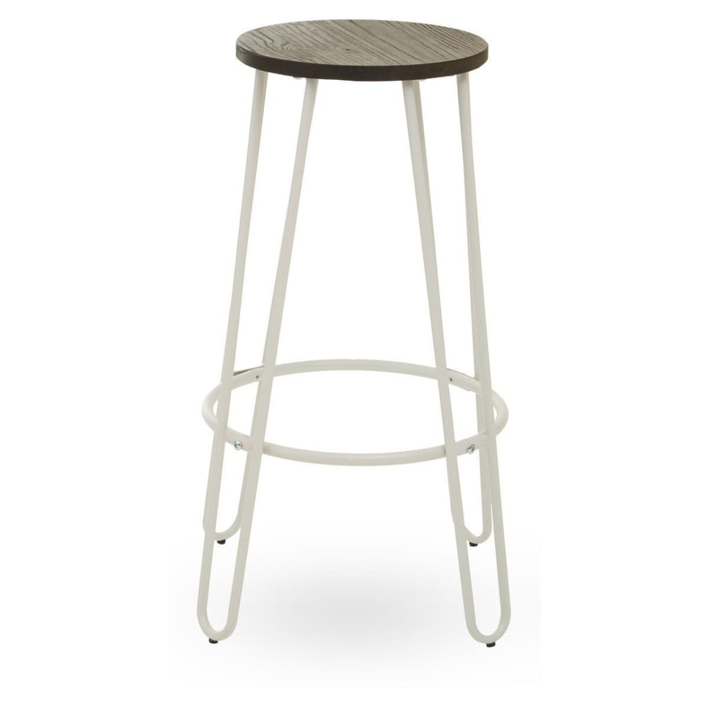 Bar stool featuring a round wooden seat with a dark finish, supported by a sleek white metal frame with four slender legs and a circular footrest