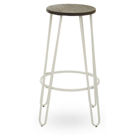 Bar stool featuring a round wooden seat with a dark finish, supported by a sleek white metal frame with four slender legs and a circular footrest