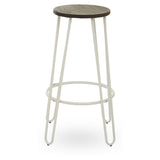Bar stool featuring a round wooden seat with a dark finish, supported by a sleek white metal frame with four slender legs and a circular footrest