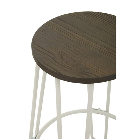 Round wooden seat with a dark finish supported by a white metal frame, showcasing a minimalist design suitable for bar or kitchen settings