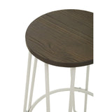 Round wooden seat with a dark finish supported by a white metal frame, showcasing a minimalist design suitable for bar or kitchen settings