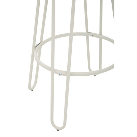 White metal frame of a bar stool featuring a circular footrest and slender legs, showcasing a modern and minimalist design