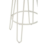 White metal frame of a bar stool featuring a circular footrest and slender legs, showcasing a modern and minimalist design
