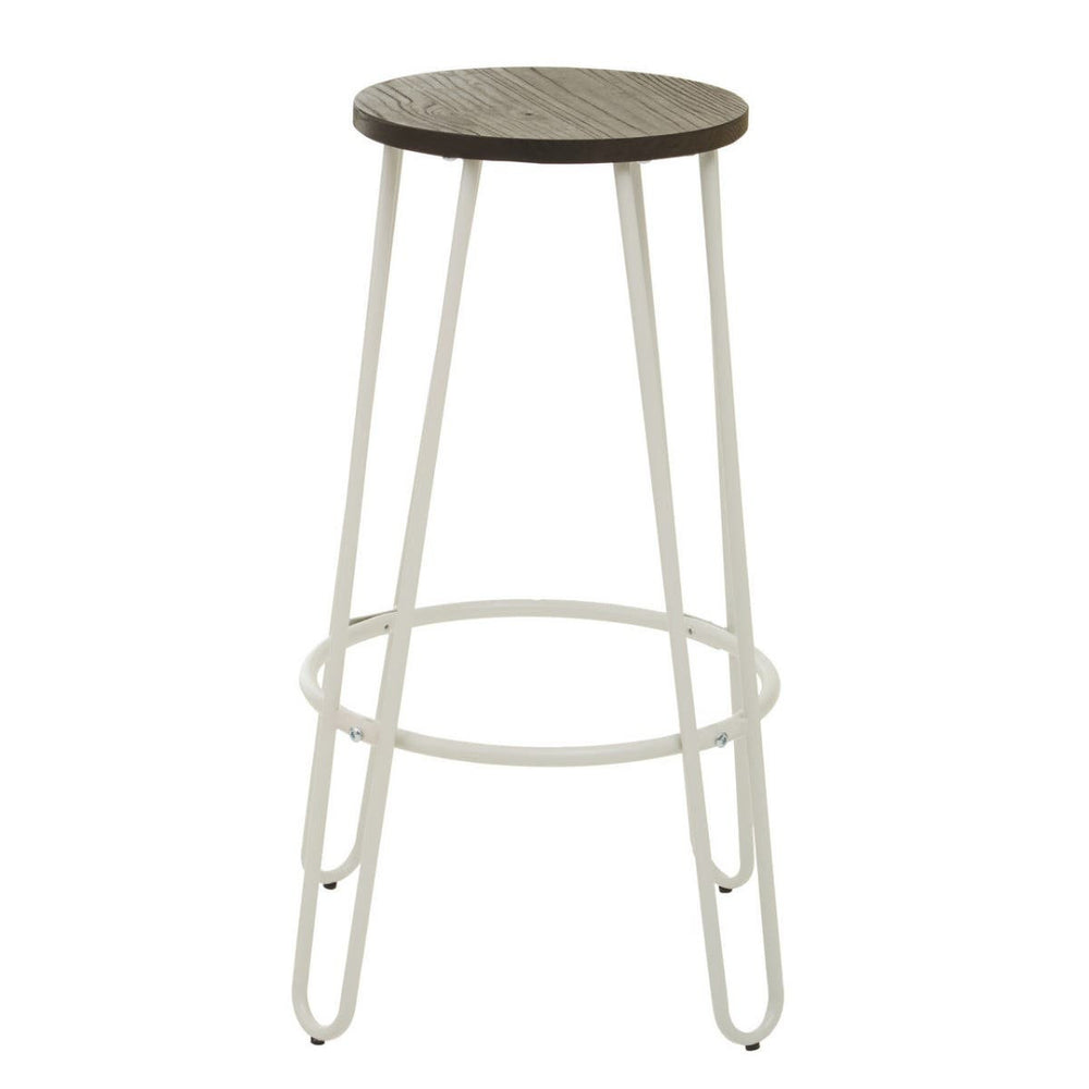 Bar stool featuring a round wooden seat with a dark finish and a sleek white metal frame, supported by four slender legs and a circular footrest