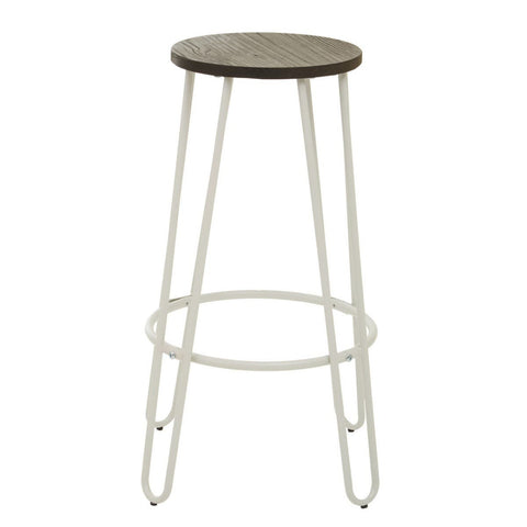 Bar stool featuring a round wooden seat with a dark finish and a sleek white metal frame, supported by four slender legs and a circular footrest