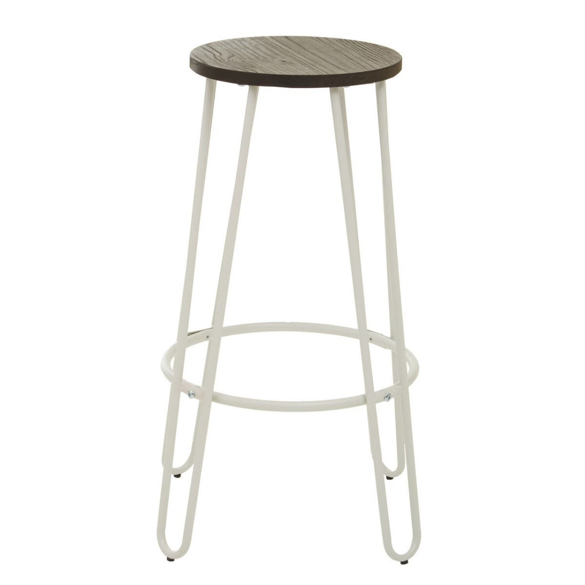 Bar stool featuring a round wooden seat with a dark finish and a sleek white metal frame, supported by four slender legs and a circular footrest