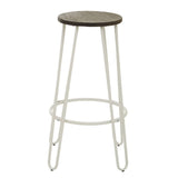 Bar stool featuring a round wooden seat with a dark finish and a sleek white metal frame, supported by four slender legs and a circular footrest