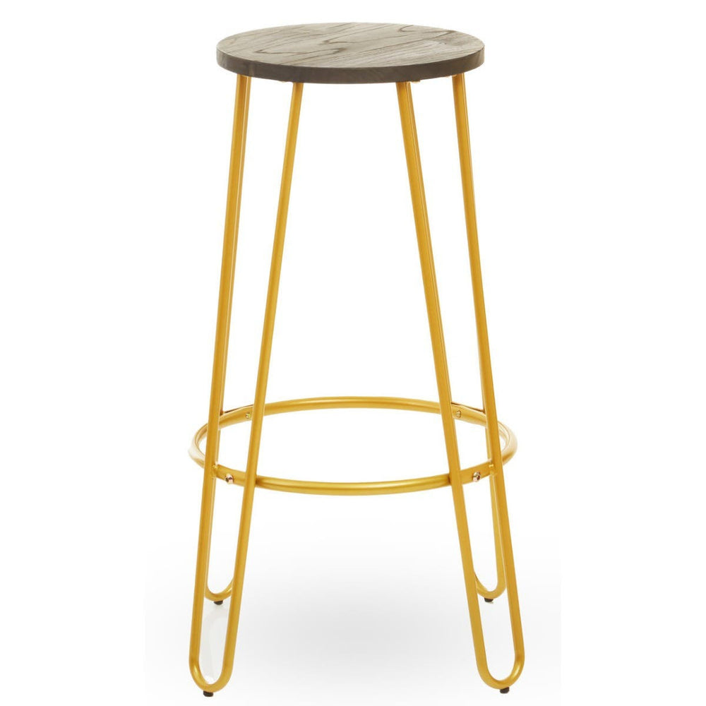 Bar stool featuring a round wooden seat with a natural finish and a gold metal frame, supported by four slender legs and a circular footrest. The design combines modern aesthetics with a rustic touch