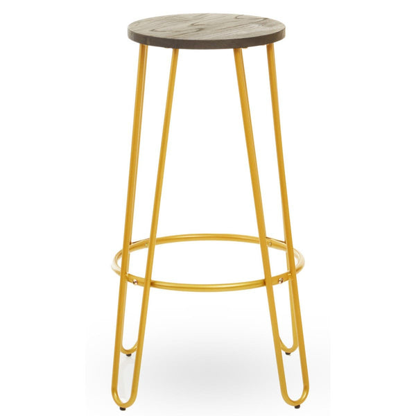Bar stool featuring a round wooden seat with a natural finish and a gold metal frame, supported by four slender legs and a circular footrest. The design combines modern aesthetics with a rustic touch
