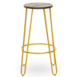 Bar stool featuring a round wooden seat with a natural finish and a gold metal frame, supported by four slender legs and a circular footrest. The design combines modern aesthetics with a rustic touch