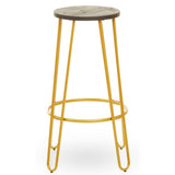 Bar stool featuring a round wooden seat with a natural finish and a gold metal frame, supported by four slender legs and a circular footrest. The design combines modern aesthetics with a rustic touch