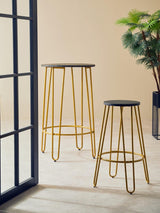 Two bar stools with a gold finish metal frame and round black seats are positioned in a bright room. One stool is taller than the other, and they are set against a light-colored wall with a plant in the background and a black-framed window to the left