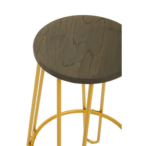 Bar stool featuring a round, dark wood seat supported by a sleek gold finish metal frame with four slender legs and a circular footrest
