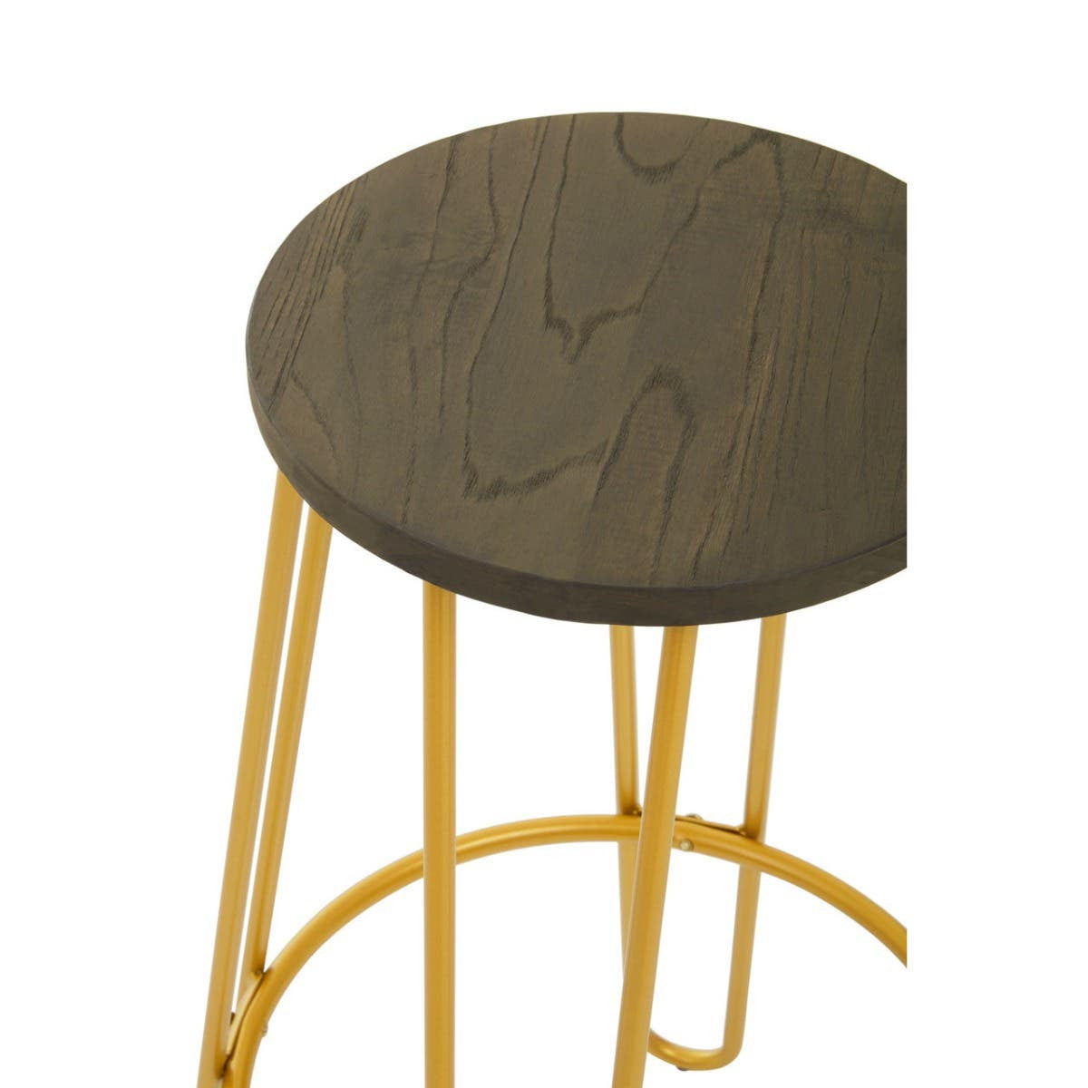 Bar stool featuring a round, dark wood seat supported by a sleek gold finish metal frame with four slender legs and a circular footrest