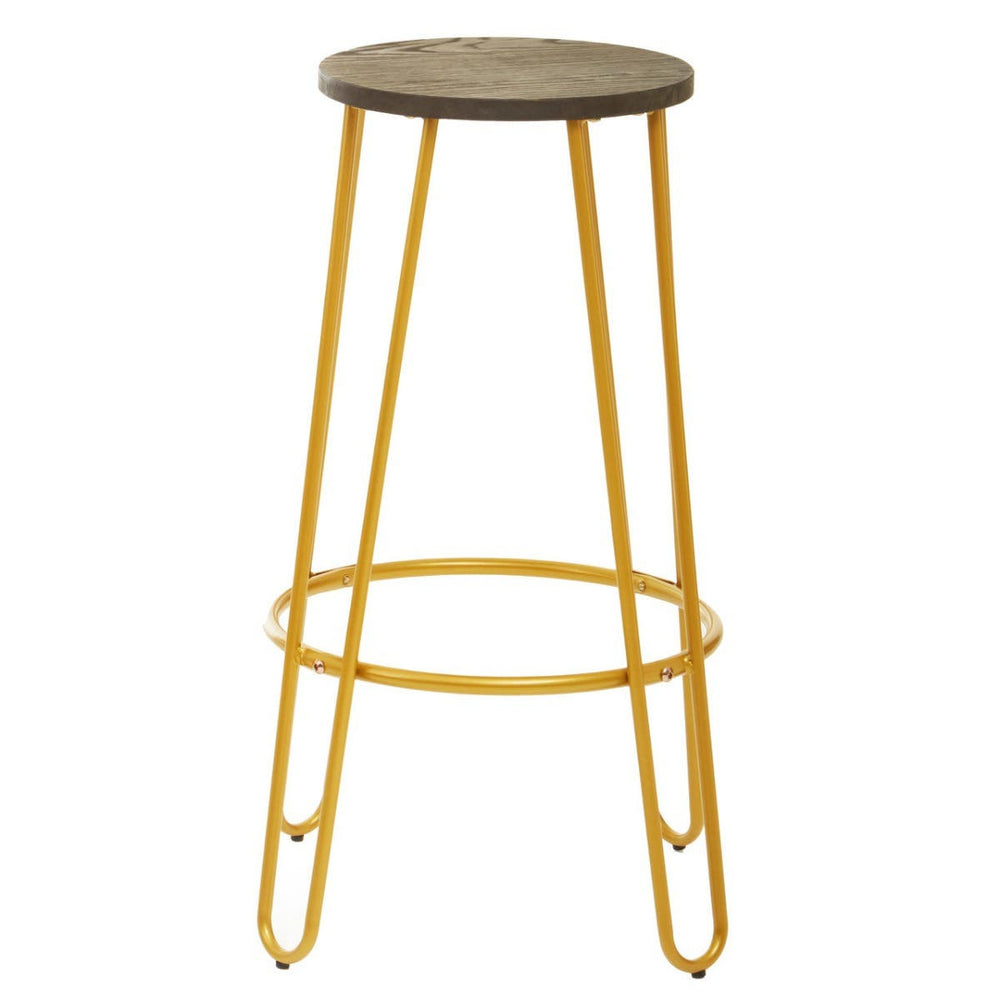 Bar stool featuring a round wooden seat with a natural finish supported by a gold metal frame with slender legs and a circular footrest