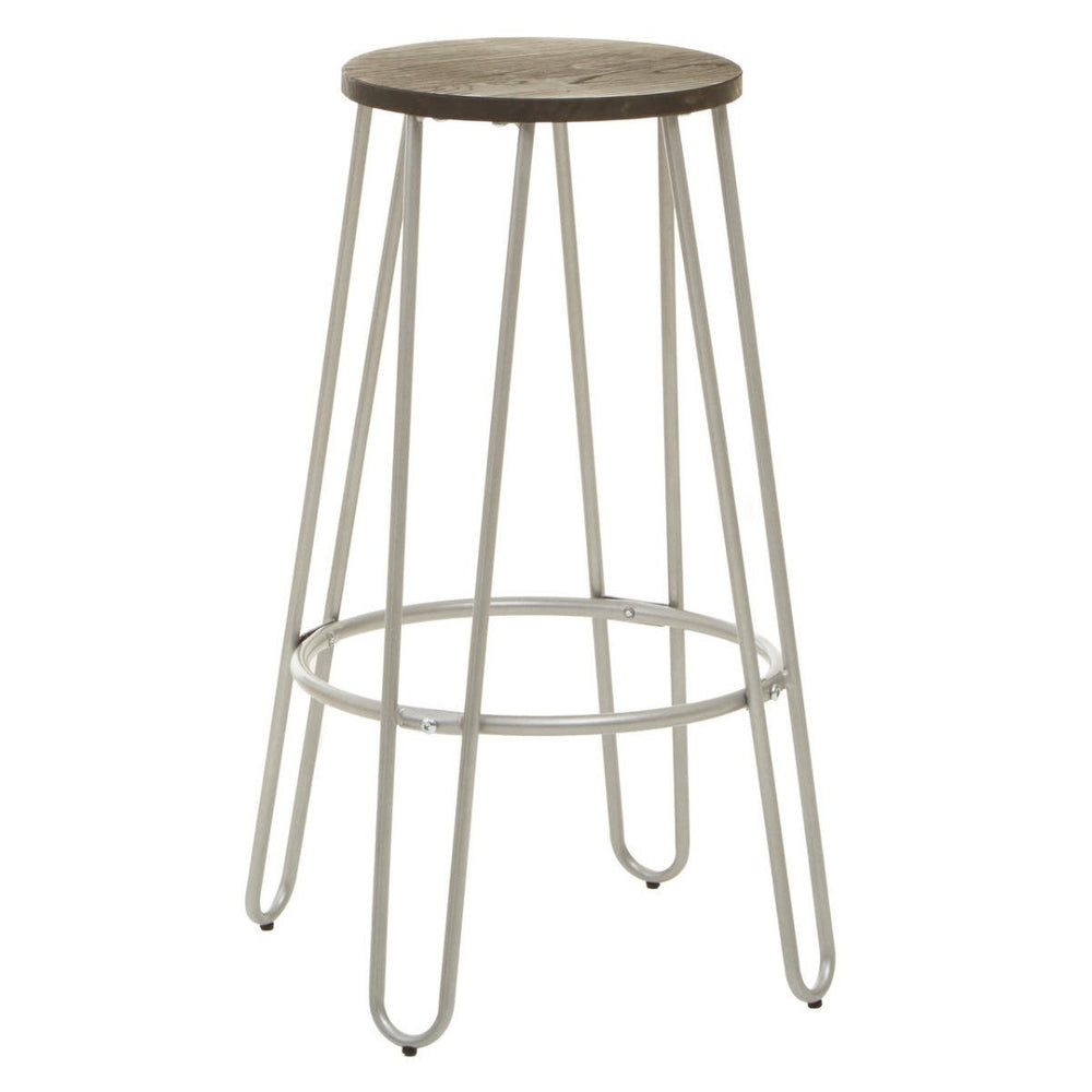 A barstool featuring a round wooden seat and slender silver metal legs, designed with a minimalist aesthetic. The legs are arranged in a geometric pattern, providing stability and a modern look