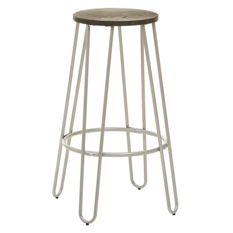 A barstool featuring a round wooden seat and slender silver metal legs, designed with a minimalist aesthetic. The legs are arranged in a geometric pattern, providing stability and a modern look