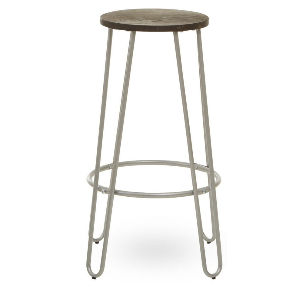 Barstool featuring a round wooden seat with a natural finish and sleek silver metal legs, designed with a minimalist aesthetic. The legs are slender and include a circular footrest for added comfort
