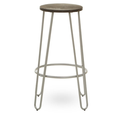 Barstool featuring a round wooden seat with a natural finish and sleek silver metal legs, designed with a minimalist aesthetic. The legs are slender and include a circular footrest for added comfort