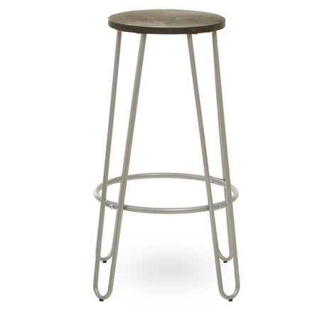 Barstool featuring a round wooden seat with a natural finish and sleek silver metal legs, designed with a minimalist aesthetic. The legs are slender and include a circular footrest for added comfort