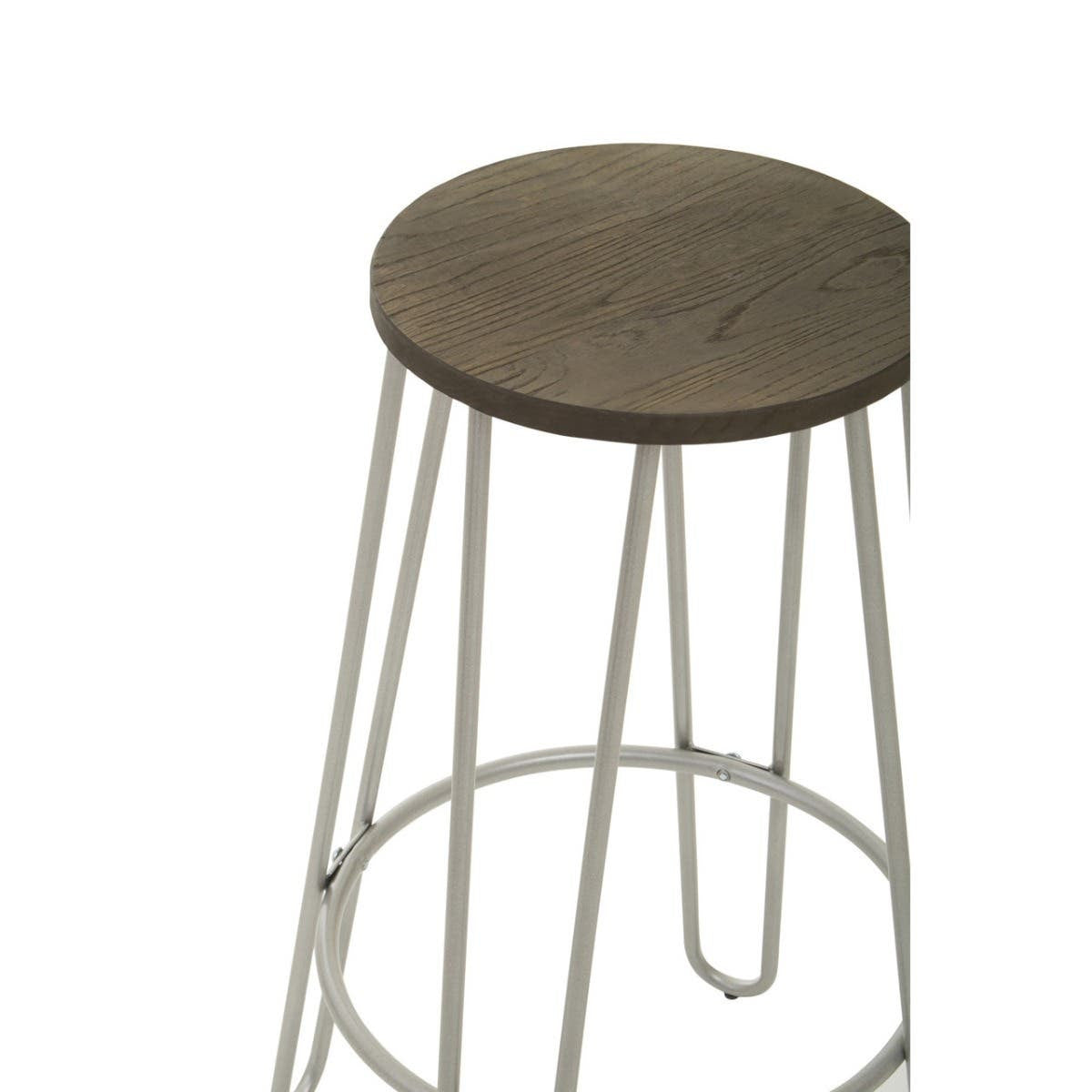 Barstool featuring a round wooden seat with a weathered finish, supported by sleek silver metal legs that form a minimalist design