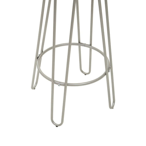 A sleek barstool featuring a round seat and slender silver metal legs, designed with a minimalist aesthetic. The legs are arranged in a geometric pattern, providing stability and a modern look