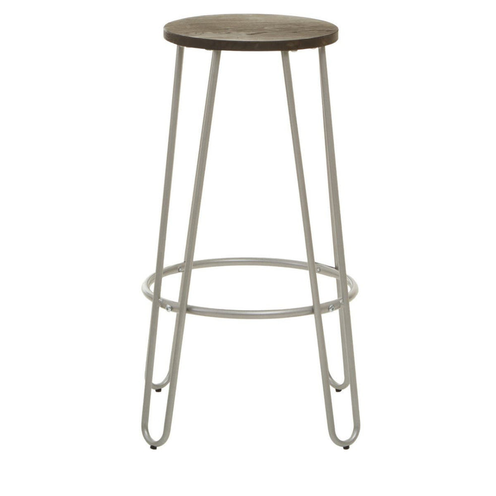 Barstool featuring a round wooden seat with a natural finish, supported by sleek silver metal legs and a circular footrest for added comfort. The design is modern and minimalist, suitable for various home decor styles