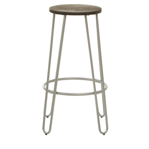 Barstool featuring a round wooden seat with a natural finish, supported by sleek silver metal legs and a circular footrest for added comfort. The design is modern and minimalist, suitable for various home decor styles