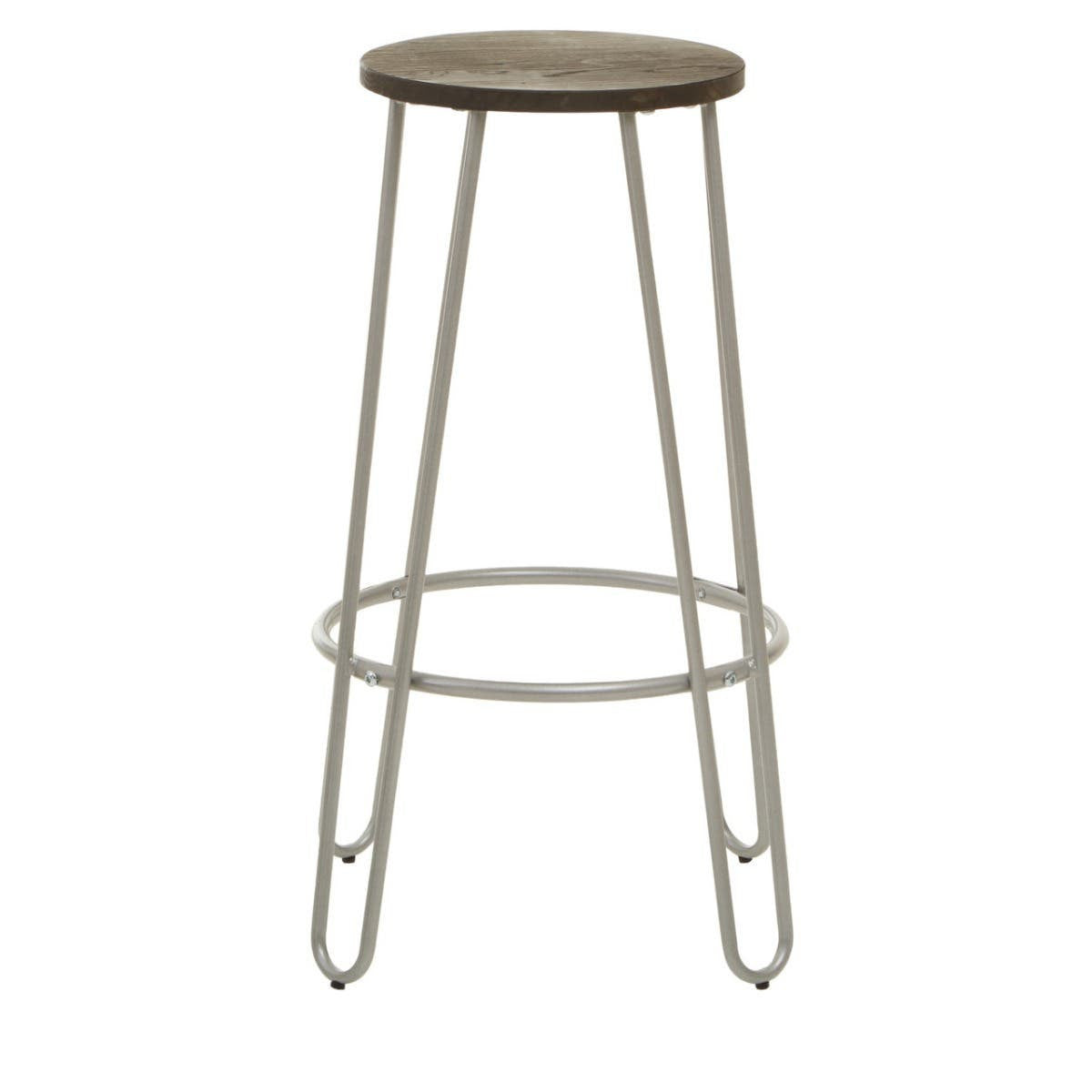 Barstool featuring a round wooden seat with a natural finish, supported by sleek silver metal legs and a circular footrest for added comfort. The design is modern and minimalist, suitable for various home decor styles