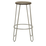 Barstool featuring a round wooden seat with a natural finish, supported by sleek silver metal legs and a circular footrest for added comfort. The design is modern and minimalist, suitable for various home decor styles