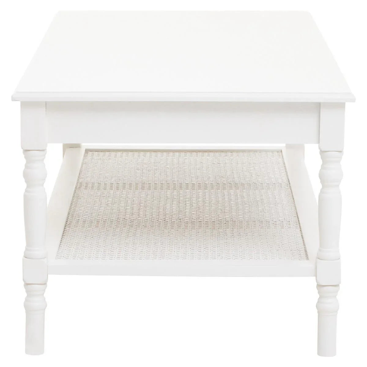 White wooden coffee table with rattan shelf and turned legs, front view