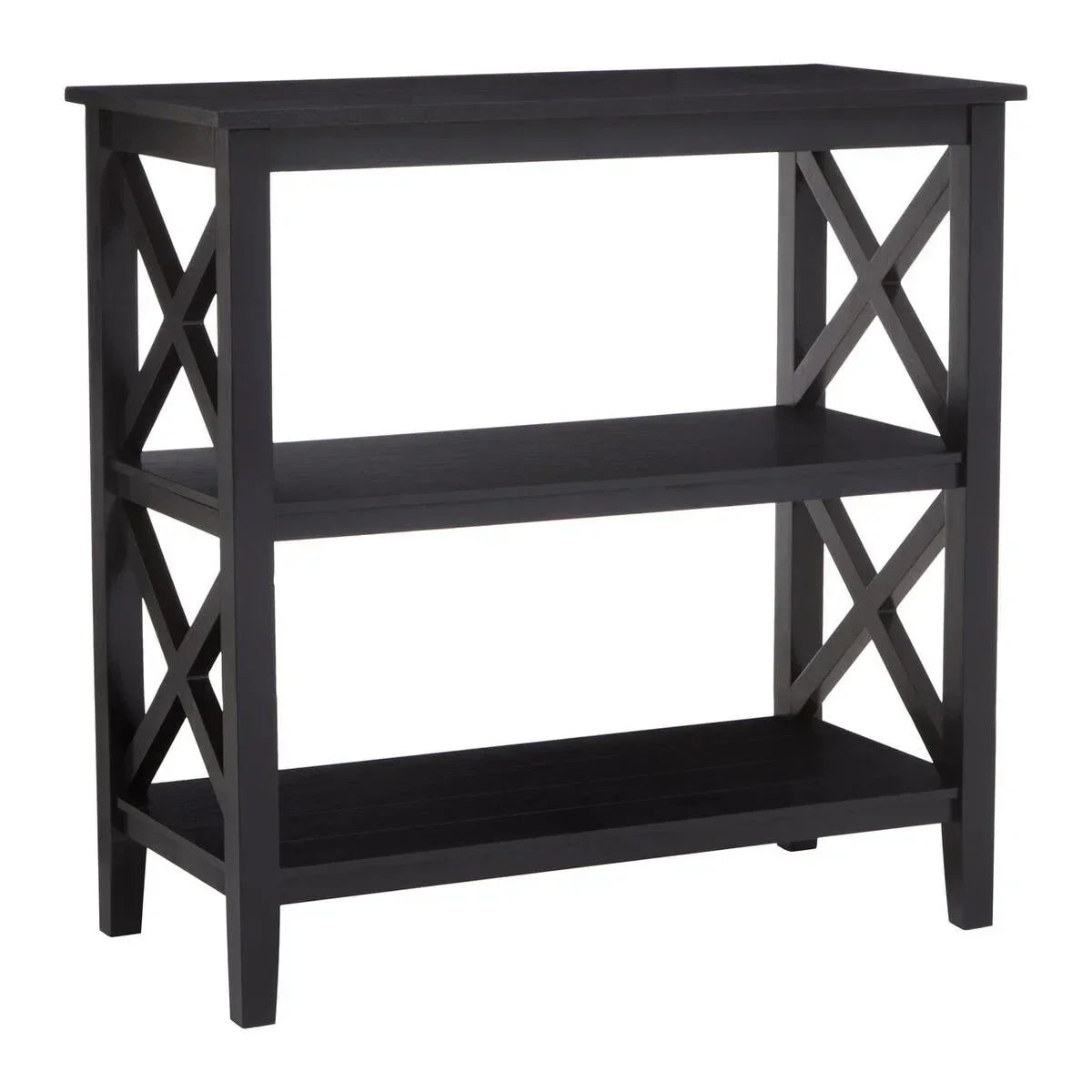 Black wooden console table with two shelves and cross side detail