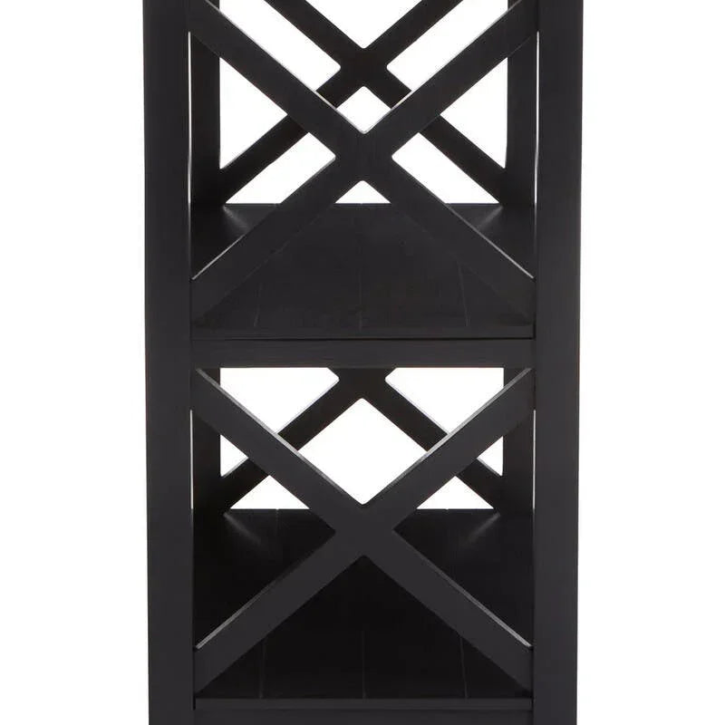 Black wooden side table with two shelves and cross-frame design, front view