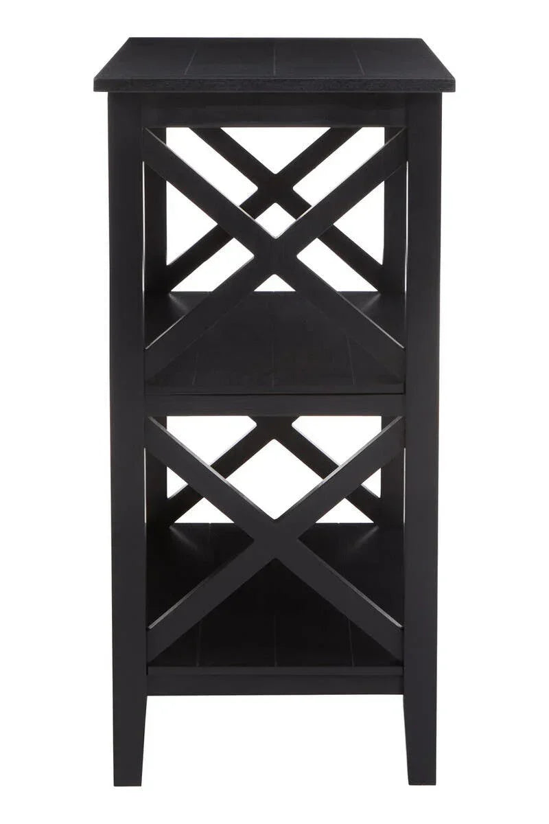 Black wooden side table with two shelves and cross-frame design, front view