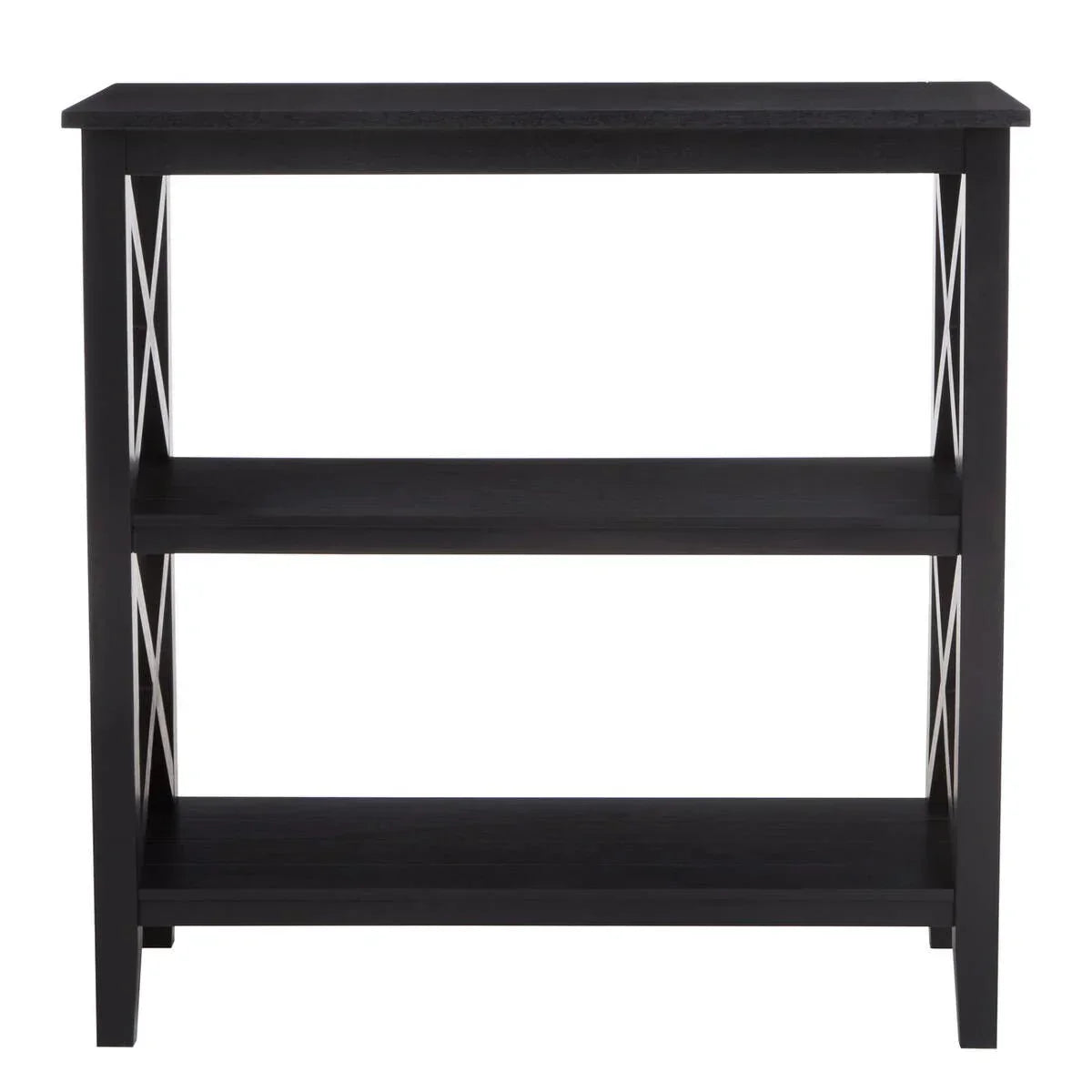 Black wooden console table with two open shelves and cross side detail