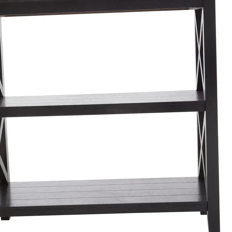 Dark wood console table with open shelves and cross design side panels