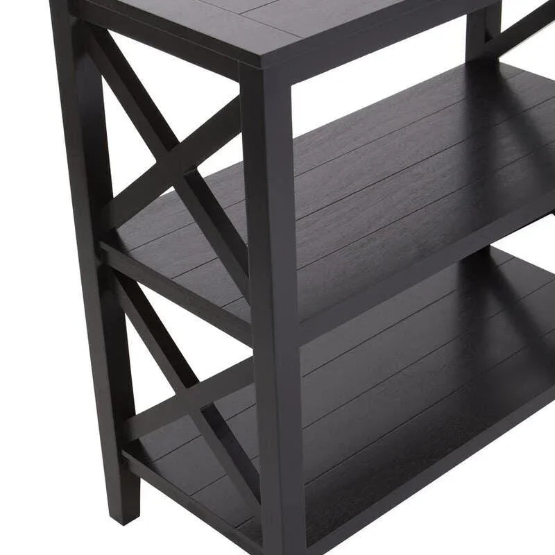 Black wooden console table with two lower shelves and X-frame side detail