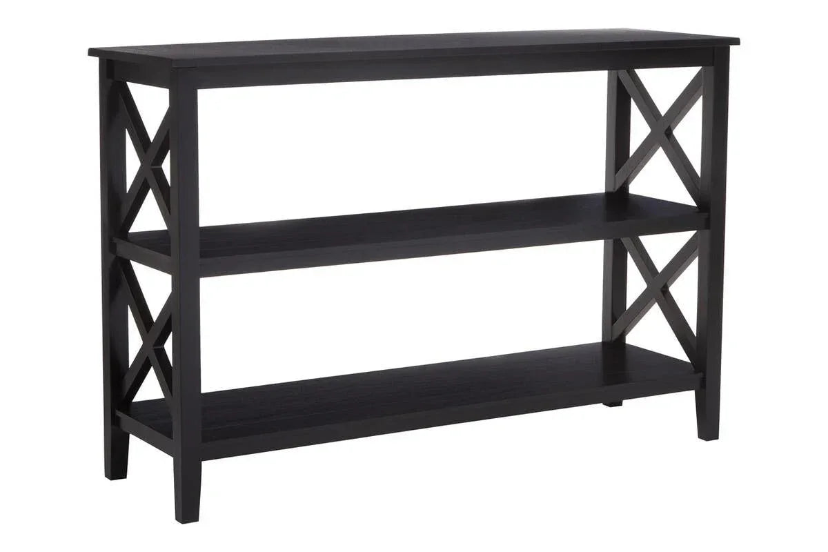 Black wooden console table with three shelves and cross side panels