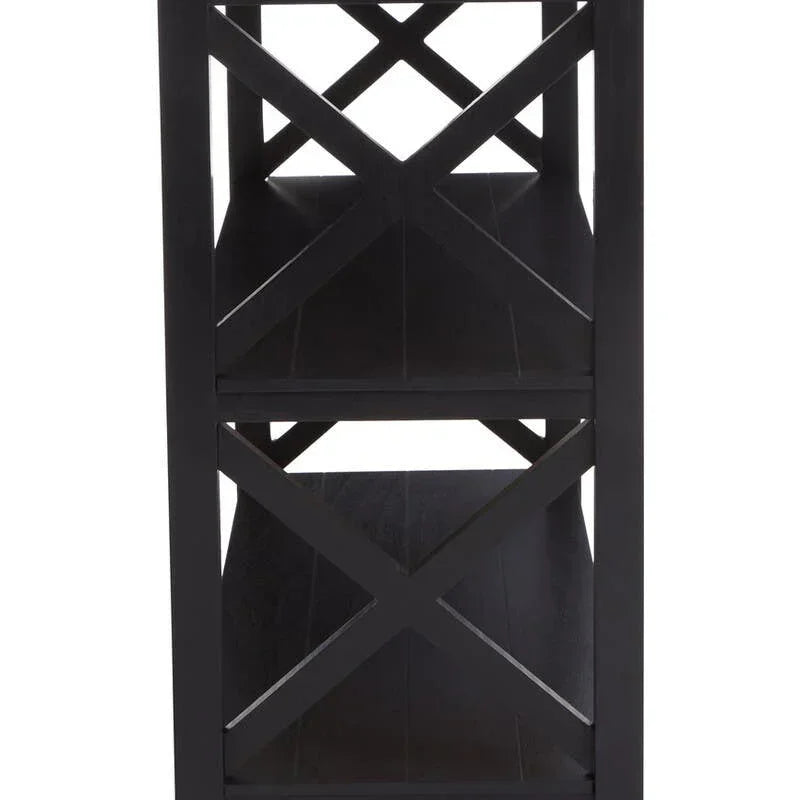 Black wooden side table with open shelves and cross side accents, shown from side view