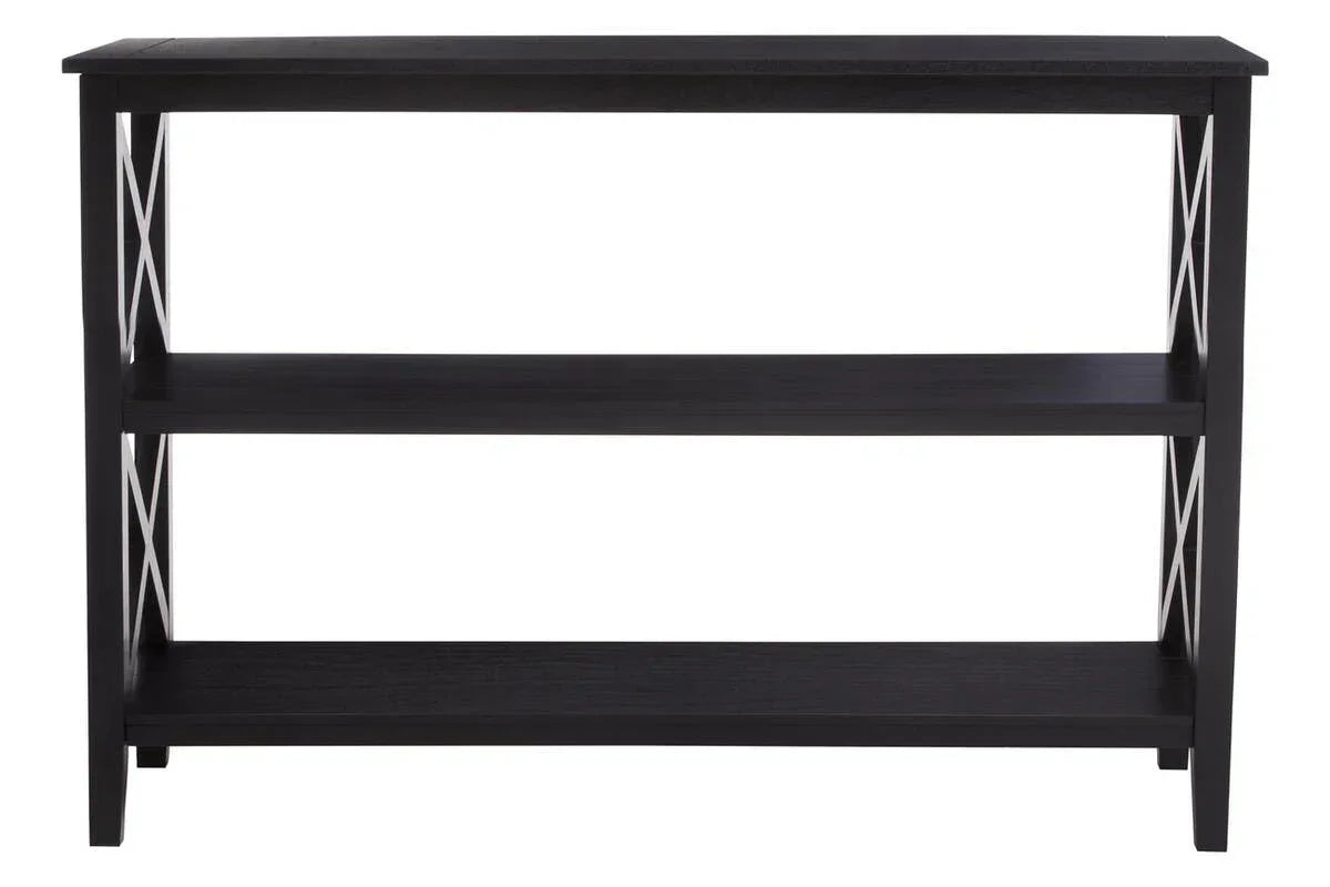 Black wooden console table with two open storage shelves and criss-cross side detail