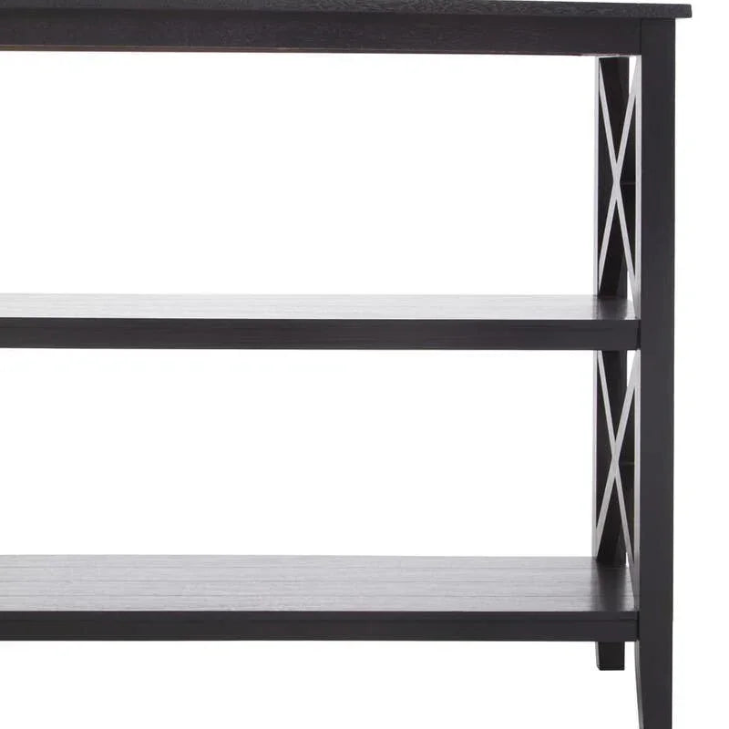 Black wooden shelving unit with two shelves and X-frame side detail, side view
